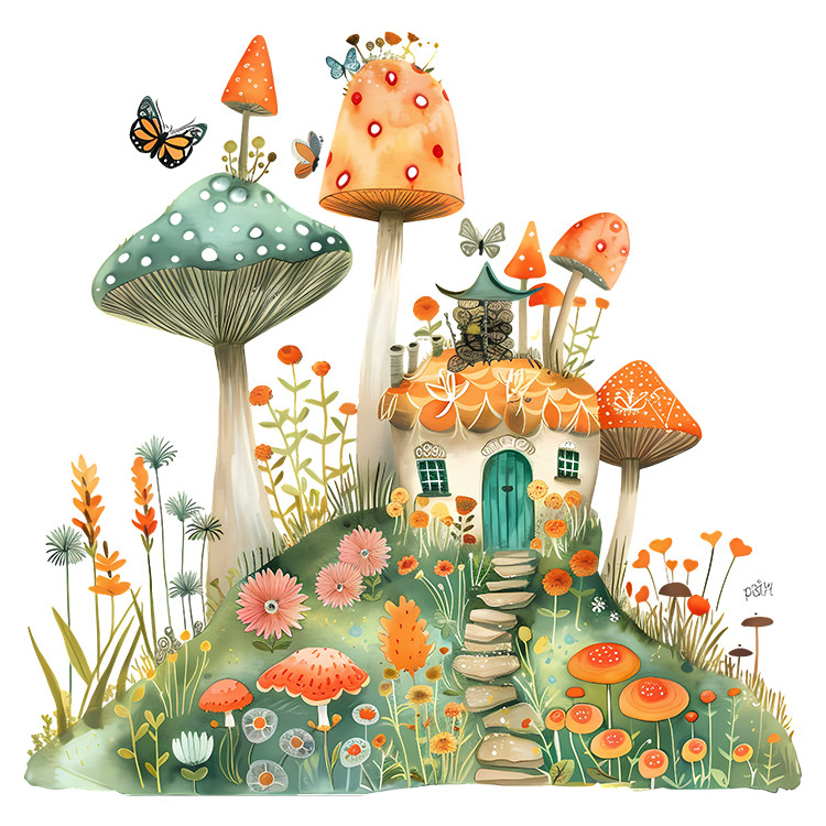 استیکر پارچه و لباس پاد آفرین مدل کارتونی فانتزی طرح خانه قارچی کد S2647