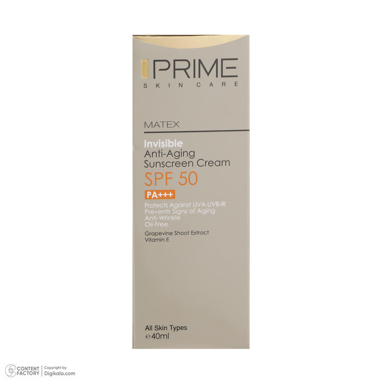 کرم ضد آفتاب و ضد چروک بی رنگ پرایم مدل Matex Colorless SPF50 مناسب انواع پوست حجم 40 میلی لیتر